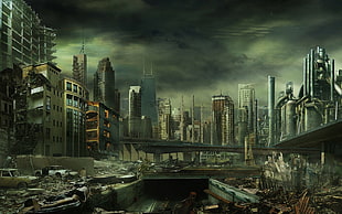 high-tise building poster, futuristic, dystopian, apocalyptic, artwork