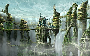 green tree illustration, artwork, fantasy art, waterfall, city