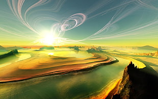 body of water near land painting, 3D, artwork, render, sky