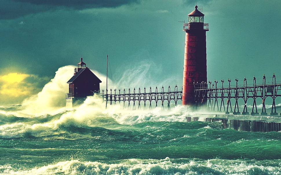 red lighthouse on body of water painting, lighthouse, Michigan, sea HD wallpaper