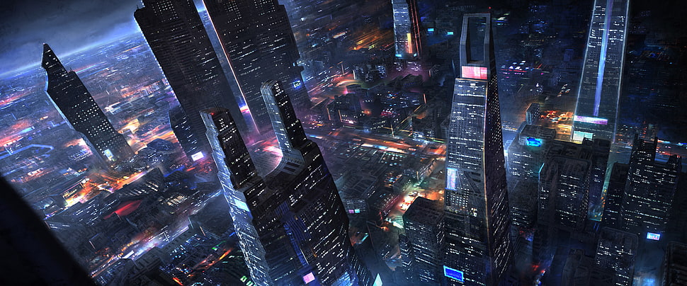 city building wallpaper, futuristic, cityscape, bird's eye view, night HD wallpaper