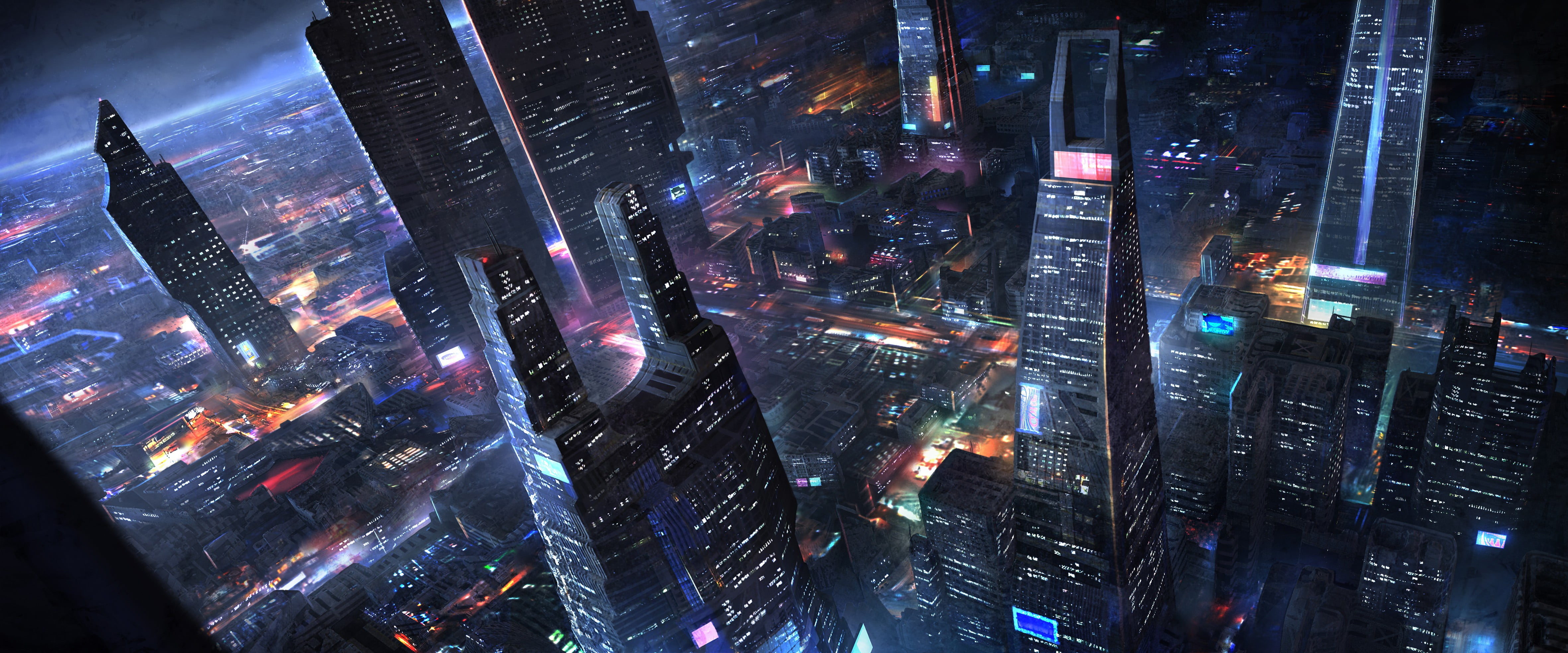 city building wallpaper, futuristic, cityscape, bird's eye view, night