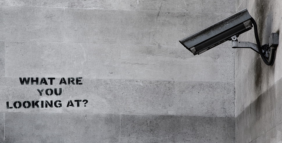 black surveillance camera with text overlay, security, wall, graffiti HD wallpaper