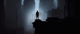 silhouette of person standing on the edge of the building digital wallpaper, shadow, town, standing, rooftops