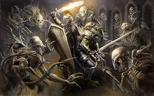 warriors fighting skeletons painting HD wallpaper