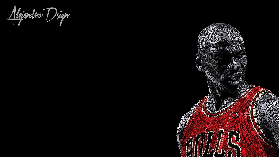 Michael Jordan illustration with text overlay, typographic portraits, Michael Jordan, basketball, Chicago Bulls HD wallpaper