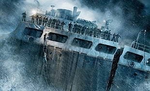 black and gray broken ship during the storm illustration HD wallpaper