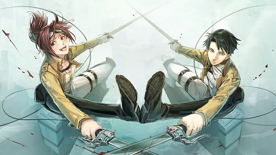 male and female character holding sword, Shingeki no Kyojin, anime, Levi Ackerman HD wallpaper