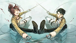 male and female character holding sword, Shingeki no Kyojin, anime, Levi Ackerman