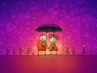 illustration of couple holding umbrella HD wallpaper