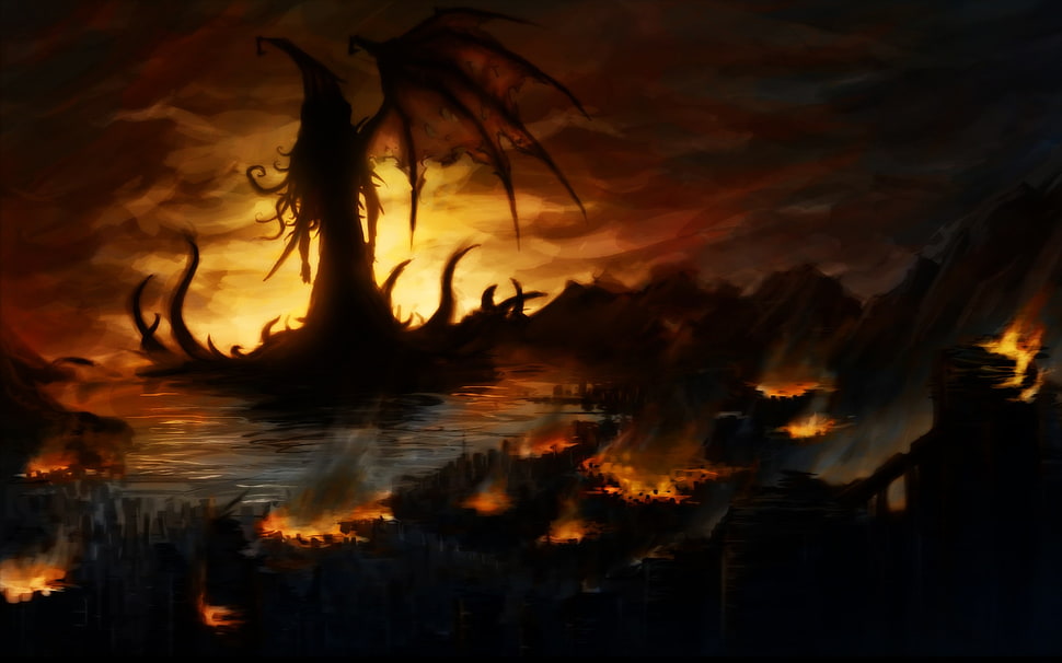 dragon and fire digital wallpaper, Cthulhu, horror, creature, artwork HD wallpaper