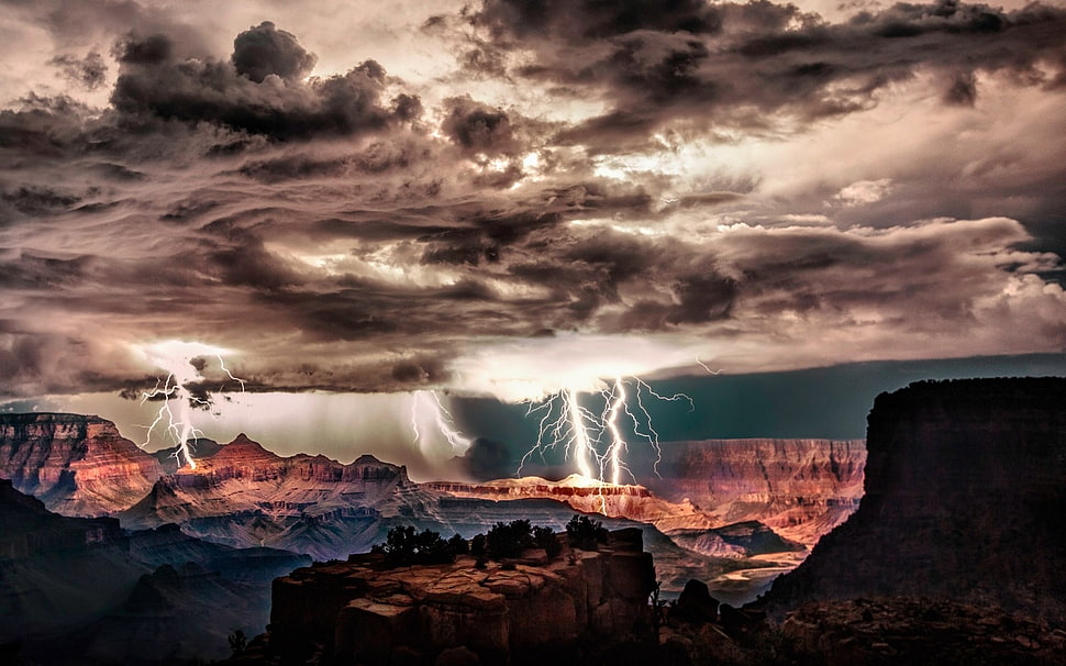 brown cliff, Grand Canyon, lightning, storm, clouds HD wallpaper