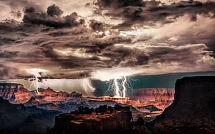 brown cliff, Grand Canyon, lightning, storm, clouds