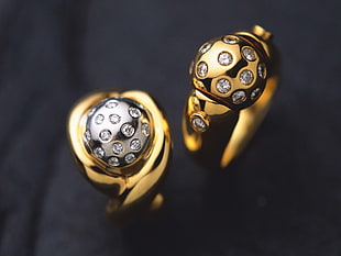pair of gold diamond studded earrings HD wallpaper