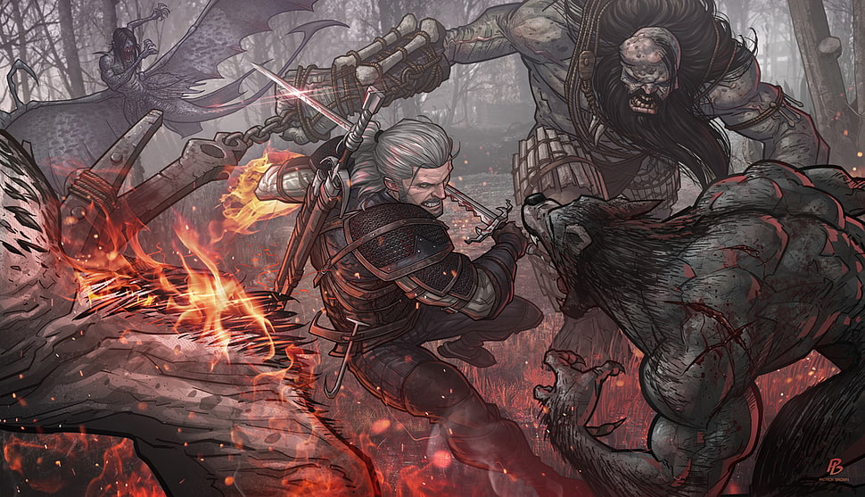 man holding sword fighting the monster digital wallpaper HD wallpaper