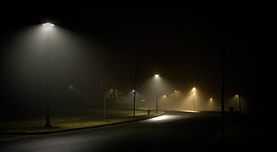 gray concrete street with opened street lights, landscape, nature, street, night