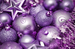 closeup photo of glittered purple baubells