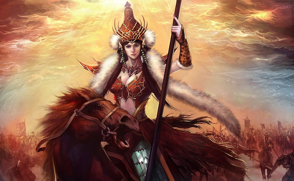 female warrior riding on brown horse illustration HD wallpaper
