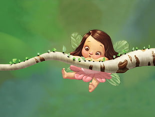 pink dressed fairy on tree branch illustration