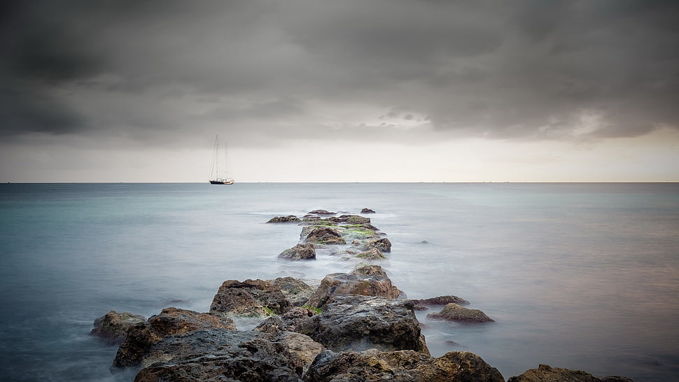 brown rocks, nature, sea, water, boat HD wallpaper