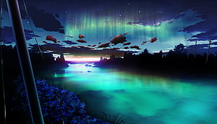 green rover surrounded with trees during nighttime with aurora borealis wallpaper