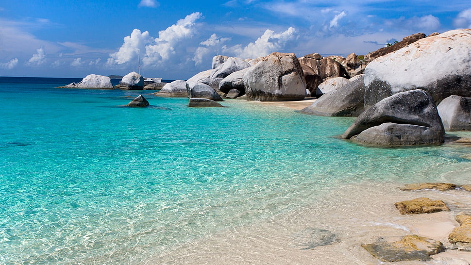 large gray rocks, nature, landscape, rock, beach HD wallpaper