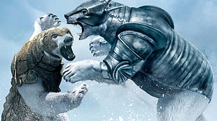 two white polar bears fighting digital wallpaper
