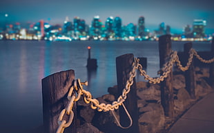selective focus photography of white metal chain