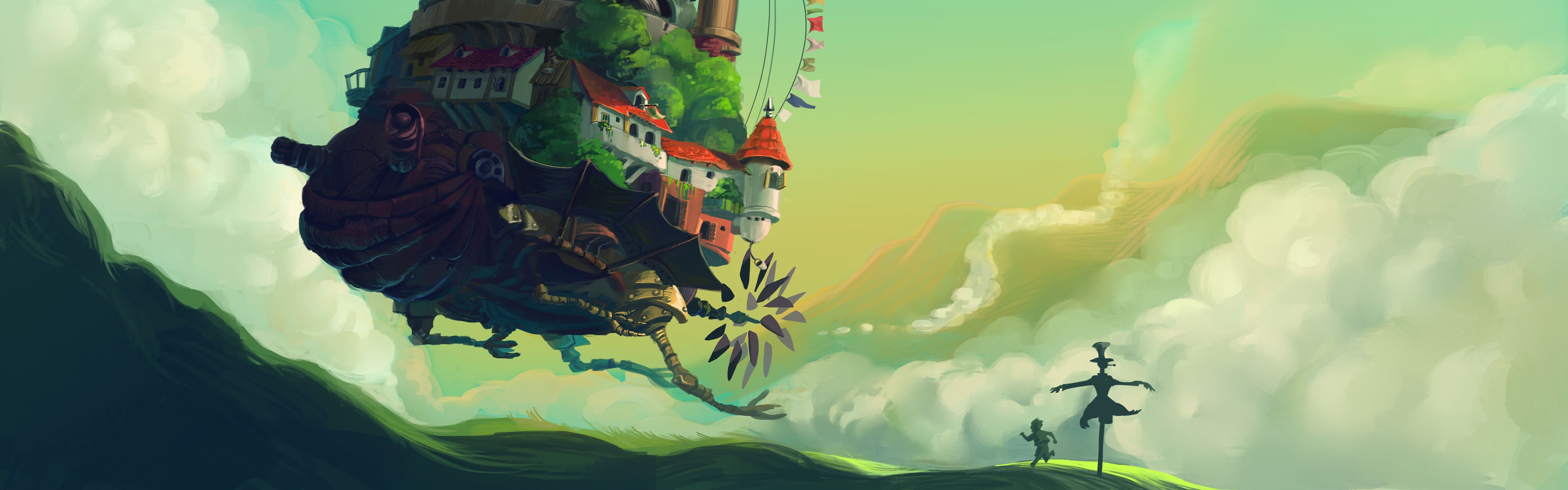 person running near floating house wallpaper, Howl's Moving Castle, anime