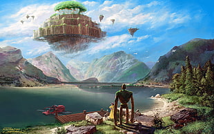 floating island illustration, artwork, digital art, Castle in the Sky, Studio Ghibli