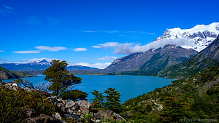 landscape photo of body of water surrounded by mountains, torres del paine national park HD wallpaper