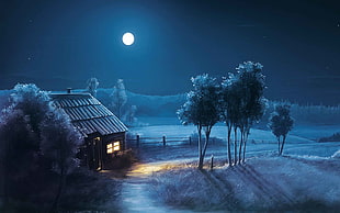 black and blue cabin with tree and moon illustration