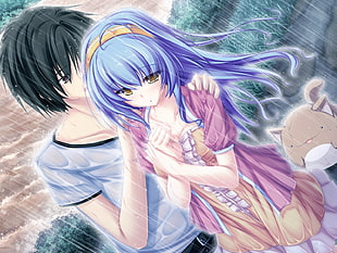 closeup photo of man holding woman shoulder anime illustration