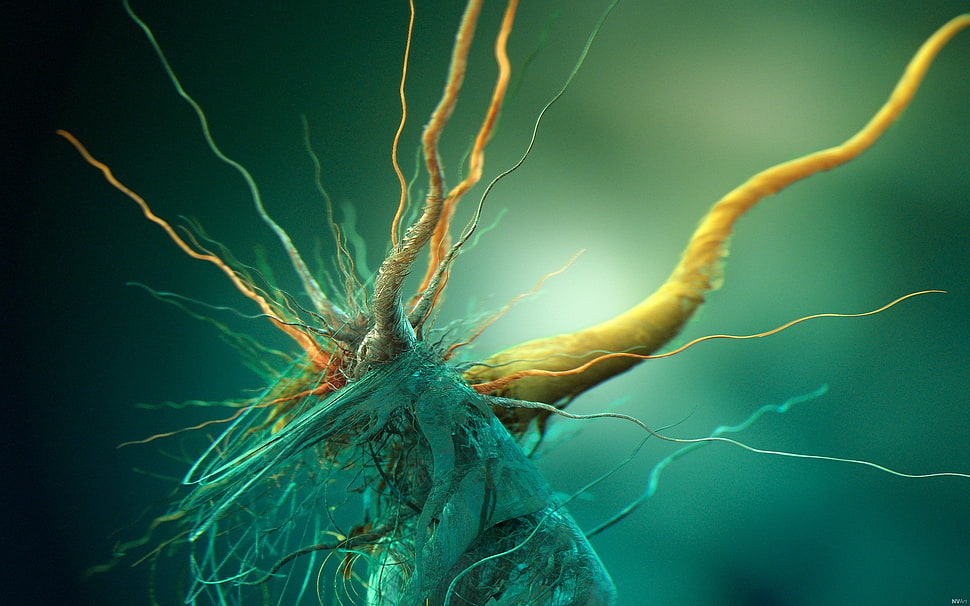 green and yellow root-themed digital wallpaper, digital art, render, CGI HD wallpaper