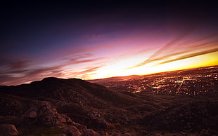 brown hill, sunset, photography, landscape, dusk HD wallpaper