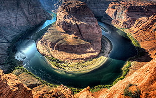 brown rock formation, river, mountains, canyon, water