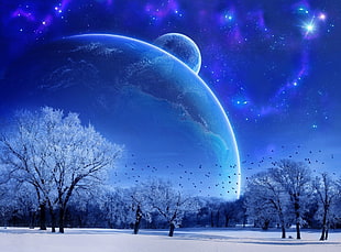 field of trees and planet wallpaper, stars, planet, galaxy, snow