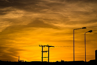 two street lamps, Wires, Pillar, Sunset HD wallpaper