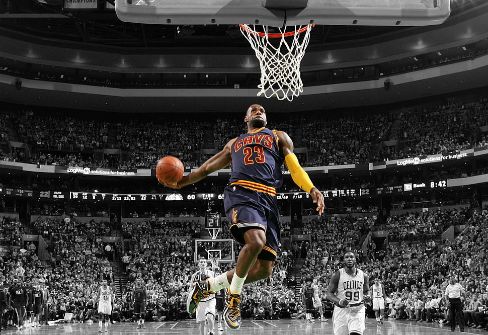 LeBron James slamdunk wallpaper, LeBron James, NBA, basketball HD wallpaper