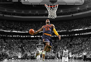 LeBron James slamdunk wallpaper, LeBron James, NBA, basketball HD wallpaper