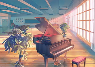 black grand piano artwork, anime, piano, classroom