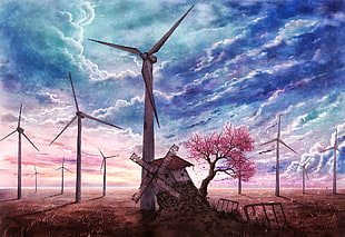 wind turbines painting, artwork, trees, landscape, sky