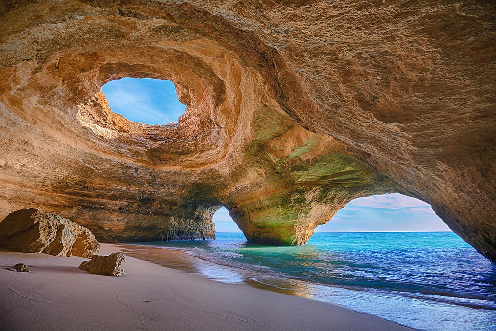 brown cave on shore, nature, sea, beach, rock HD wallpaper