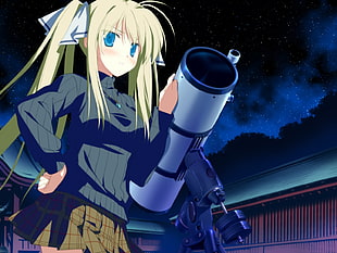 female anime character with yellow hair holding a white astronomical telescope