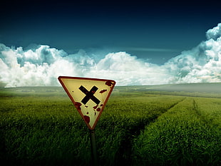 white and red road sign, landscape, field, clouds