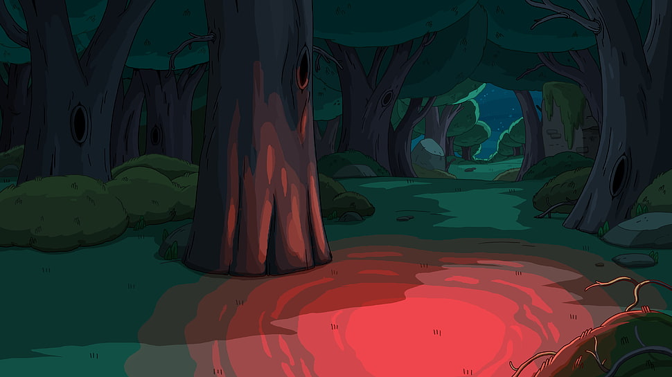 green trees illustration, Adventure Time, cartoon, red light HD wallpaper