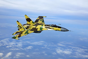 brown, yellow, and green camouflage fighter jet, military, military aircraft, Sukhoi Su-35, aircraft HD wallpaper