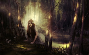 painting of woman on forest HD wallpaper