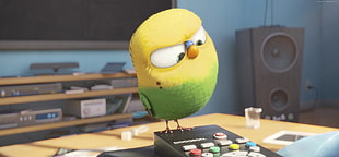 yellow and green bird on remote control