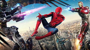 Spider-Man and Iron Man wallpaper, Spider-Man: Homecoming (2017), Iron Man, cityscape, Spider-Man HD wallpaper